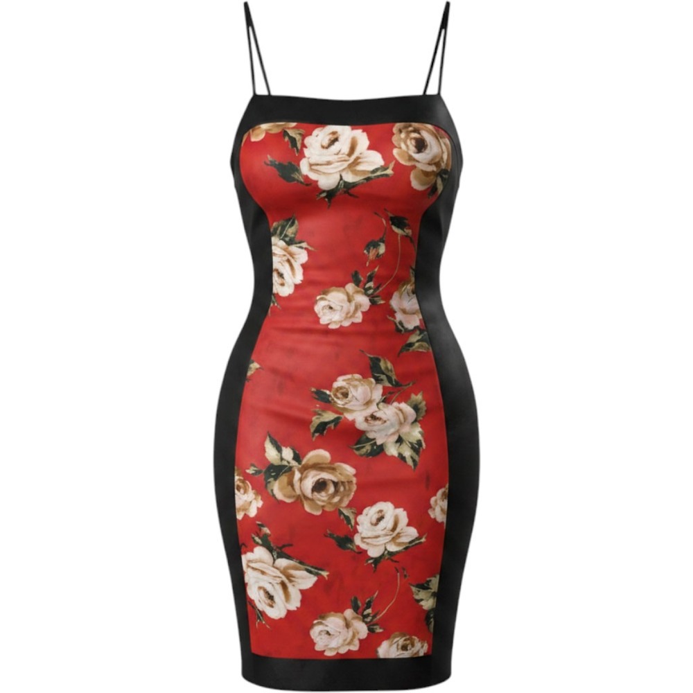 VTG Cache Floral Satin Bodycon Dress Medium Red Black Rose Print Ruched